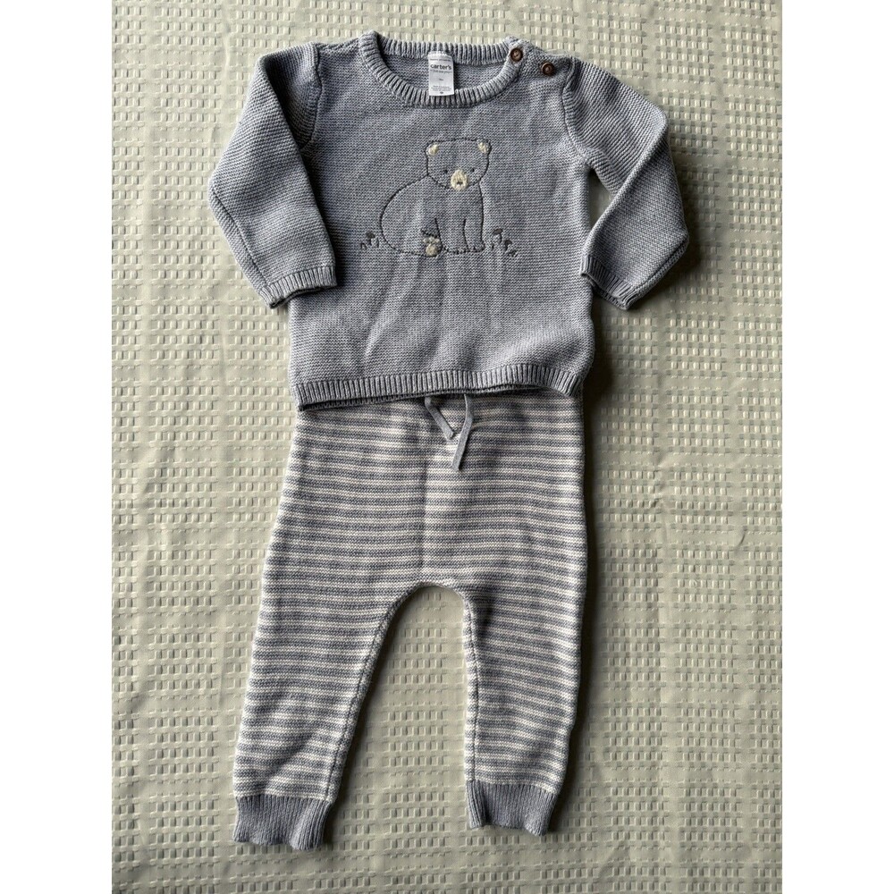 Carter's Grey Bear Woven Sweater and Pants Set – Size 18 Months